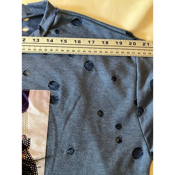 LOVE J Blue Blouse Top T-shirt w Holes Distressed Heels Shoes Pop Art Trendy S - Picture 8 of 13